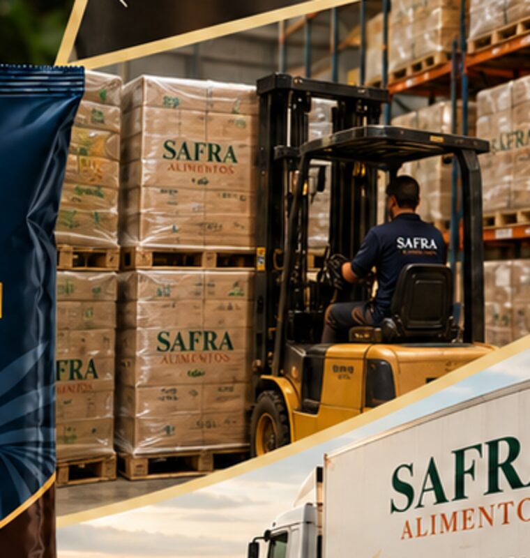Armazém com paletes de café Safra sendo movidos por empilhadeira